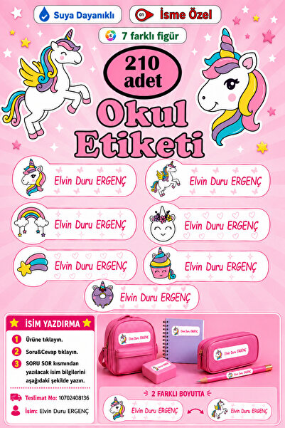 GSticker İsme Özel Okul Etiketi Kalem Defter Etiketi Erkek Çocuk Unicorn Figü...