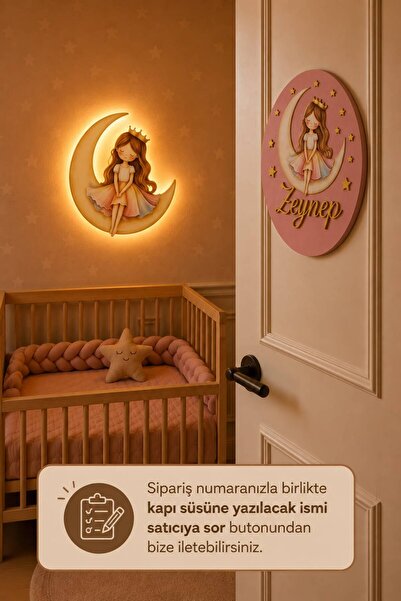BugyBagy Ahşap Prensesli Bebek Odası Gece Lambası ve Ahşap Hoş Geldin Kapı Sü...