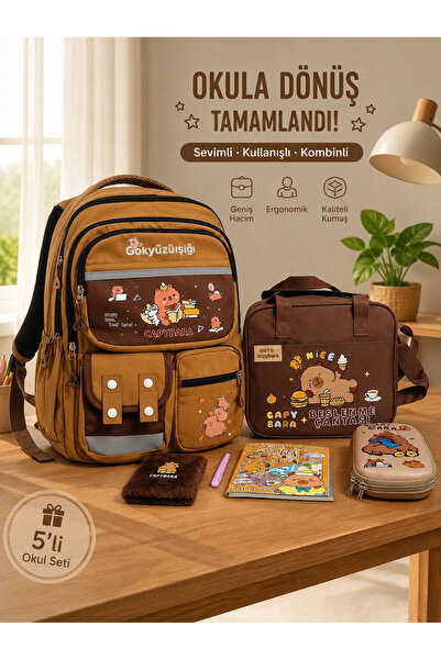 Fidanx Capybara Patterned 5 Piece Primary School Middle School Bag Set - Back...
