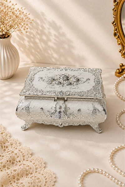 RASHA COLLECTION Silver Color Embossed Patterned Mirrored Vintage Jewelry Box
