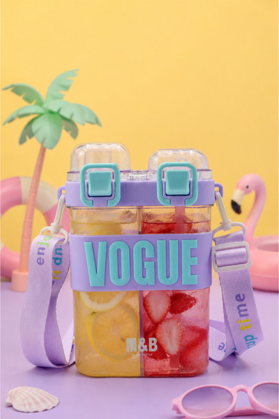 M&B WATER BOTTLE Çift Bölmeli Vogue Matara, Çift Kapaklı, Pipetli, Boyun Askılı Çocuk Okul Suluk