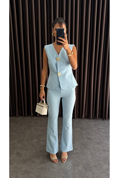 ZF BUTİK Women's Gold Buttoned Vest Pants Suit