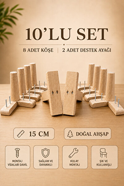 LEGORA WOOD DESİNG 15 cm Wooden Furniture Leg Set of 10 Corner and Support Le...