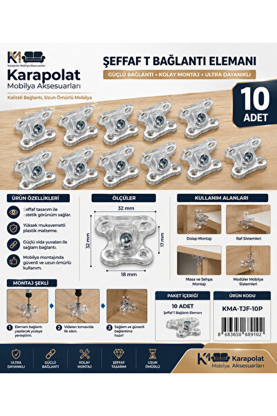 KARAPOLAT 10 adet Şeffaf T Bağlantı Elemanı Çok Amaçlı(Vidalar Dahil Değil)