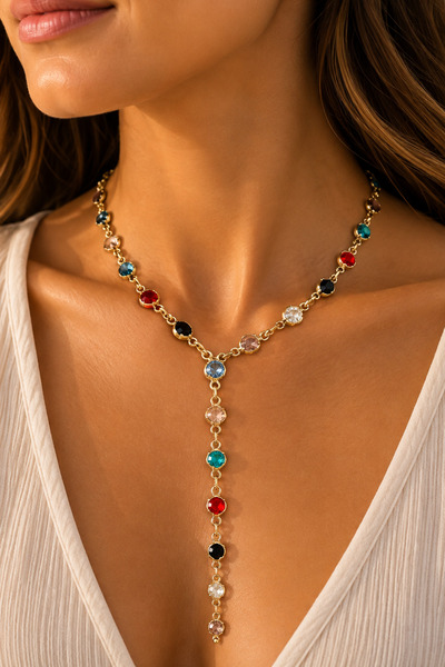 Modex Gold Color Round Colored Stone Crop Low-Cut Y Necklace (56cm)
