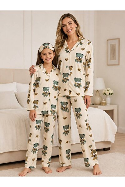 Fil Kids Mother-Daughter Cotton Milan Fabric Beige Color Green Teddy Bear Pat...