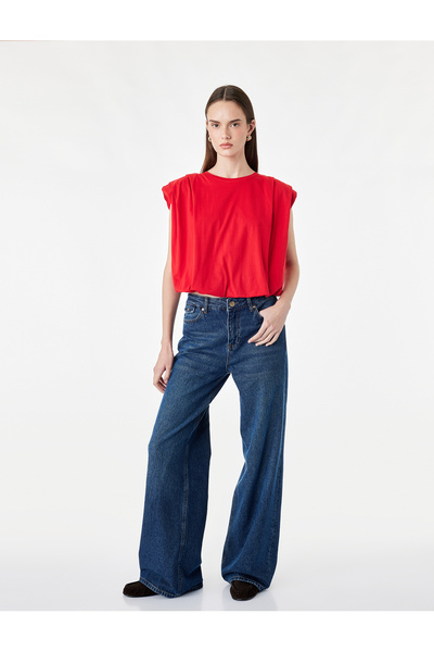 Koton Cotton Crew Neck T-Shirt with Pleated Detail and Sleeveless Padding
