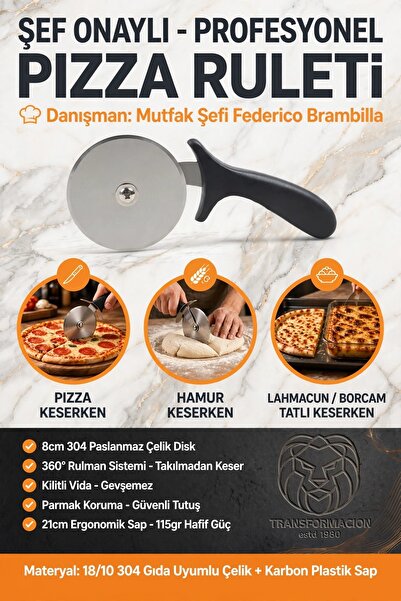 Transformacion Profesyonel Tekerlekli Pizza Bıçağı 18/10 Paslanmaz Çelik Hamu...