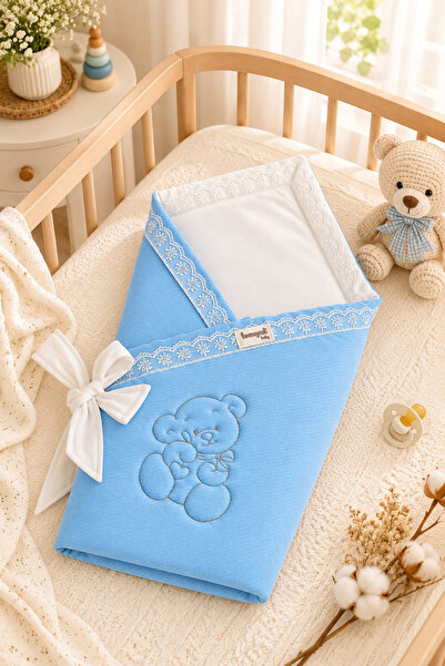 Tomuycuk Blue Teddy Bear Embroidered 100% Cotton 85X85Cm Baby Blanket |   Gir...