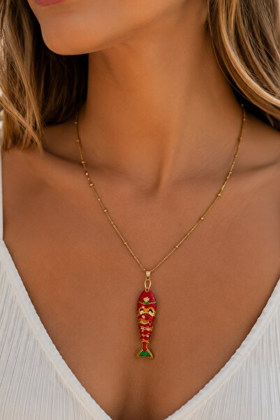 Modex Steel Ball Chain Enameled Fish Bone Necklace (45cm)