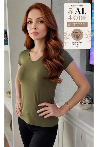 moda felinya Women's Short Sleeve V-Neck Khaki Color Body Blouse T-Shirt