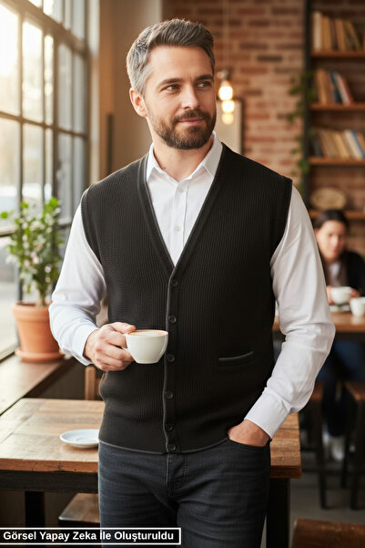 Kamalı Men's Black V-Neck Knitwear Buttoned Pocketed Striped Pattern Regular ...
