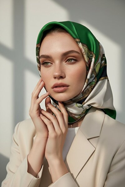 Vissona 100% Twill İpek Şeritli Çiçek Desenli Zümrüt Yeşili - Krem Renkli 90x...