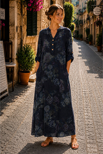 EREN STYLE Bohomiyan Plus Size Italian Long Digital Flower Printed Linen V-Ne...
