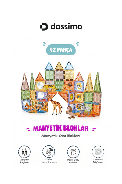 Dossimo Hayvan Figürlü - Çocuklar İçin Renkli 3 Boyutlu Mıknatıslı 92 Parça M...