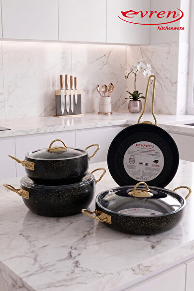 Evren 7 Parça Gold Stone Güveç Granit Tencere Seti Non-stick Yüzey