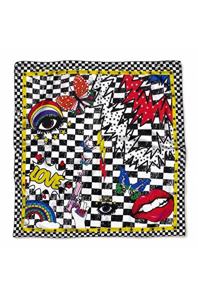 Axesoire 13708 Siyah Beyaz Kareli Saten Bandana Fular 50x50 cm