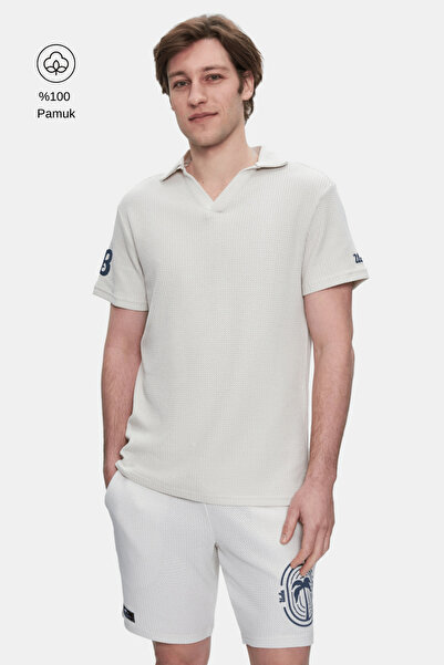UCLA Russel Bone Color Polo Collar Printed 100% Cotton Standard Fit Men's Tshirt