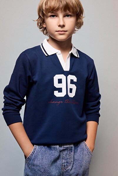 DeFacto Oversized Shirt Collar College Printed Navy Blue Sweatshirt for Boys ...