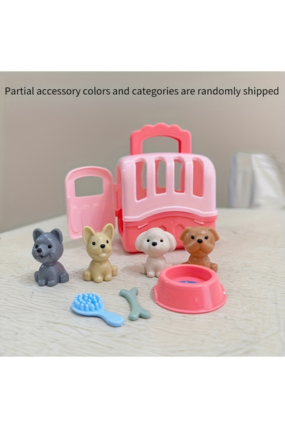 Choice Pink 8pcs/set Cute Dog Pet Basket Family Toys Dog Doll Set Dog Cage To...