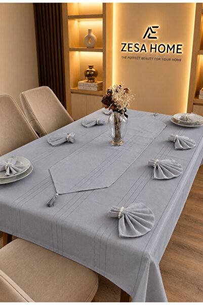 ZESA HOME Colber Stripe Detailed Tablecloth Gray 12 Person 26 Pieces - Table ...