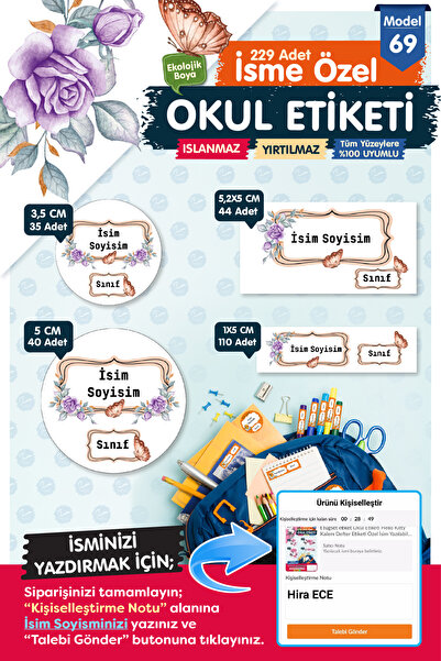 t tuğset etiket Okul Etiketi Kalem Defter Etiketi Özel Isim Yazılabilen Etike...