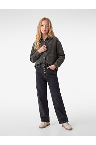Koton Cotton Button Detailed Adjustable Waist Elastic Black Girls' Jeans 6Wkg...