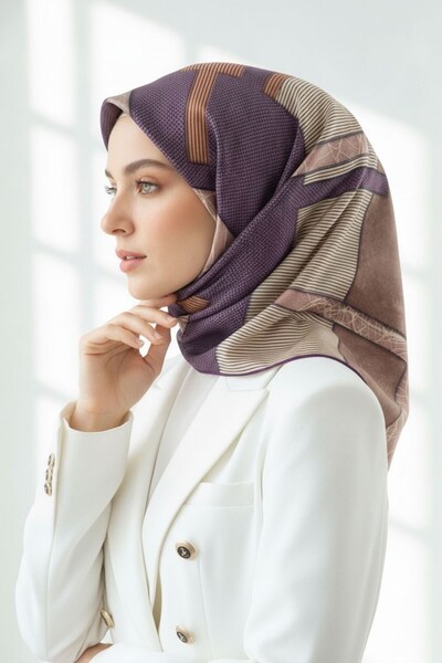 Vissona %100 Twill İpek Geometrik Desenli Mürdüm Renkli 90x90 Eşarp Dikim Şek...