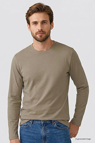 TOMMY LIFE Dark Beige Standard Fit Basic O-Neck Long Sleeve Slim Men's T-Shir...