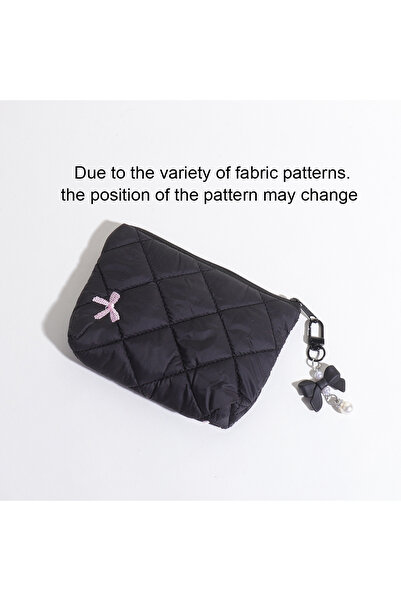 Choice3 Black Quilted Bow Makeup Bag, Portable Travel Pouch for Lipstick, Ear...
