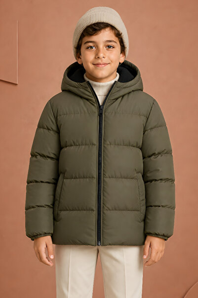 Montland Jungen-Wintermantel aus Khaki-Fleece mit Kapuze, wasserdicht, windab...