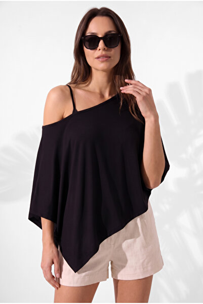 OLYNN Women's Black Off-Shoulder Poncho Blouse and String Strap Tank Top Two-...
