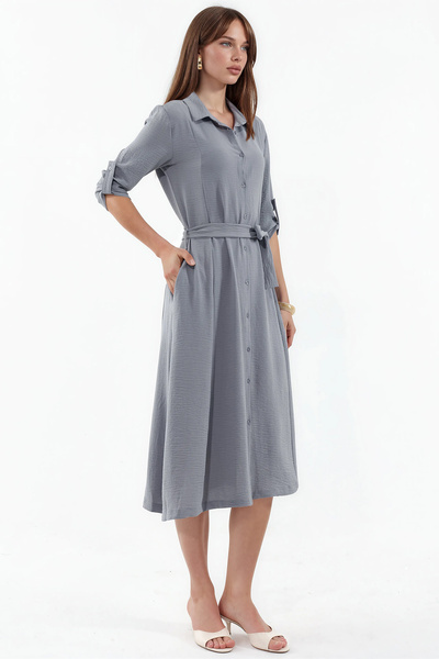 Merterium Women's Belted Shirt Dress Gray 1172