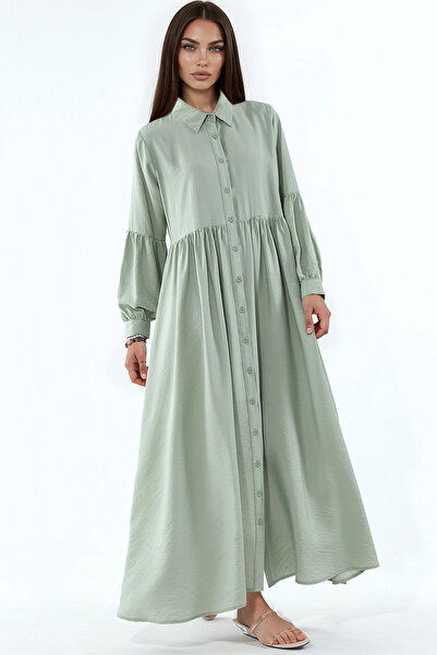 Merterium Women's Buttoned Long Hijab Dress 1551 - E.Green