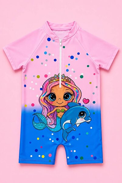 LUCEVERA Kız Çocuk Fermuarlı Deniz Mayosu Pembe Deniz Kızı Desenli Kısa Kollu...