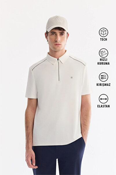 Avva Men's White Polo Collar Zippered Anti-Wrinkle Quick-Drying Technical Fab...