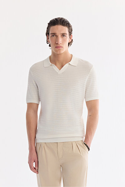 Avva Men's Ecru Polo Collar Buttonless Textured Knitwear Regular Fit T-Shirt ...