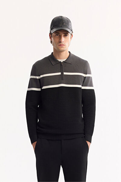 Avva Men's Anthracite Polo Neck Zippered Striped Knitwear Regular Fit Sweater...
