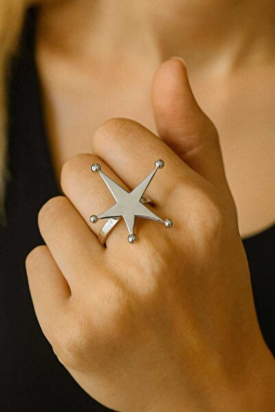 Herşey Nota Silver Color Star Women's Ring – Adjustable Star Model Elegant Je...