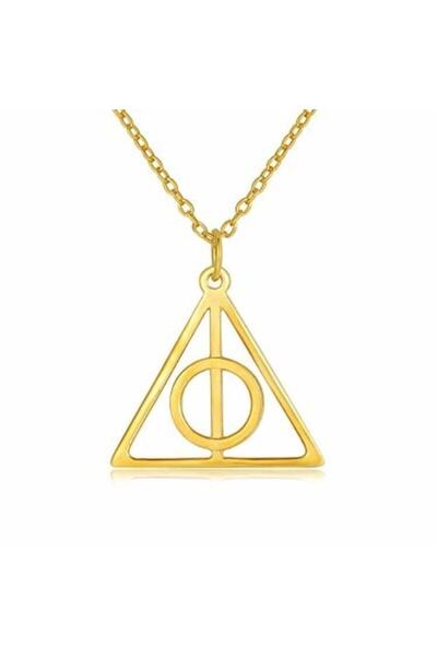 Herşey Nota Harry Potter Ölüm Yadıgarları Üçgen Ortası Dönen Gold Çelik Kolye