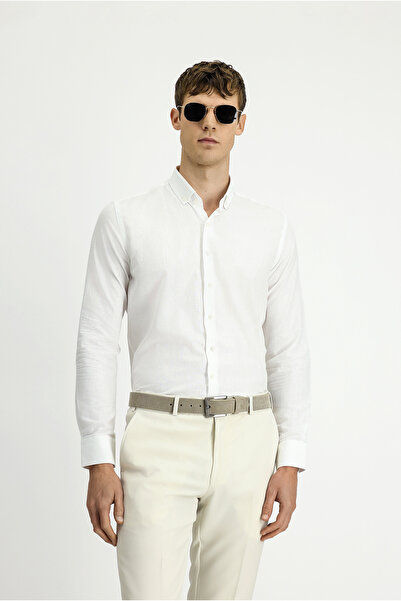 Kiğılı Uzun Kol Slim Fit Dar Kesim Pamuklu Ketenli Gömlek