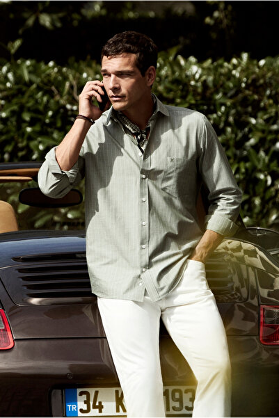 Kiğılı Long Sleeve Regular Fit Embroidered 100% Cotton Striped Shirt