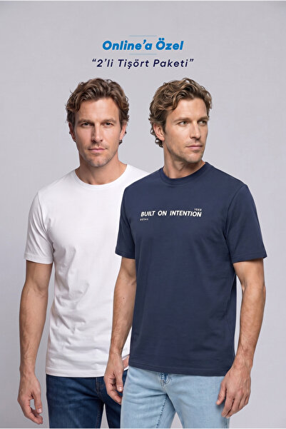 Kiğılı Crew Neck Regular Fit 100% Cotton Printed - Plain 2-Pack T-Shirt Set