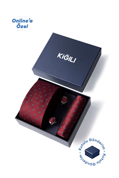 Kiğılı 3'lü Desenli Kravat & Mendil & Kol Düğmesi Hediye Kutulu Set