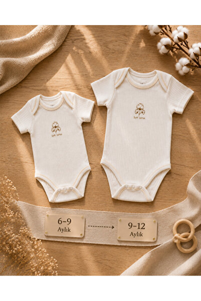 Tomuycuk 2 Pieces Short Sleeve Baby Bodysuit Ecru Ribbed Bodysuit with Snap F...