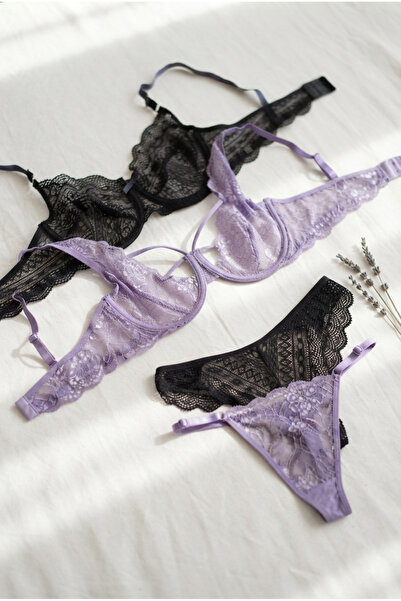 MAİZEN Women's Unfilled Gathering 2-Piece Black Lilac Lace Bra Set
