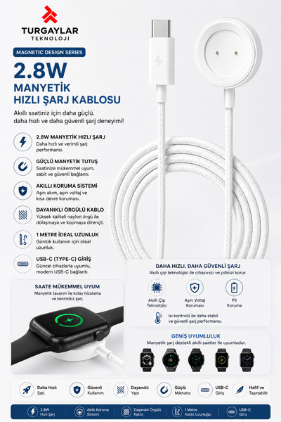 Genel Markalar 2.8W USB-C Akıllı Saat Manyetik Android iphone Uyumlu Şarj Kab...