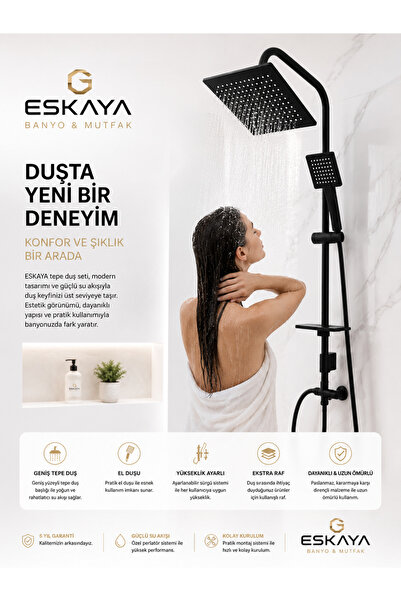ESKAHOME Siyah Kare Tepe Yağmurlama Banyo Robot Duş Seti