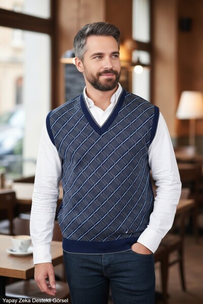 Kamalı Men's Navy Blue Anti-Pilling Fabric Standard Fit Regular Cut V-Neck Kn...