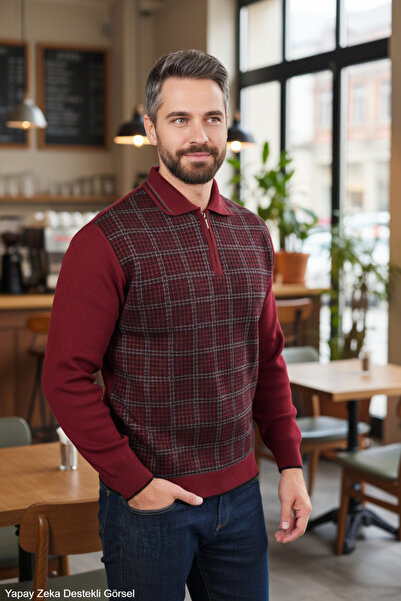 Kamalı Men's Burgundy Non-Pilling Standard Fit Regular Cut Houndstooth Patter...